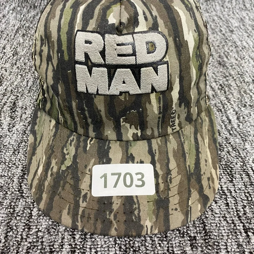 Vintage Red Man Tobacco Hat Camo Trucker TreBark Camouflage Mesh Cap VTG